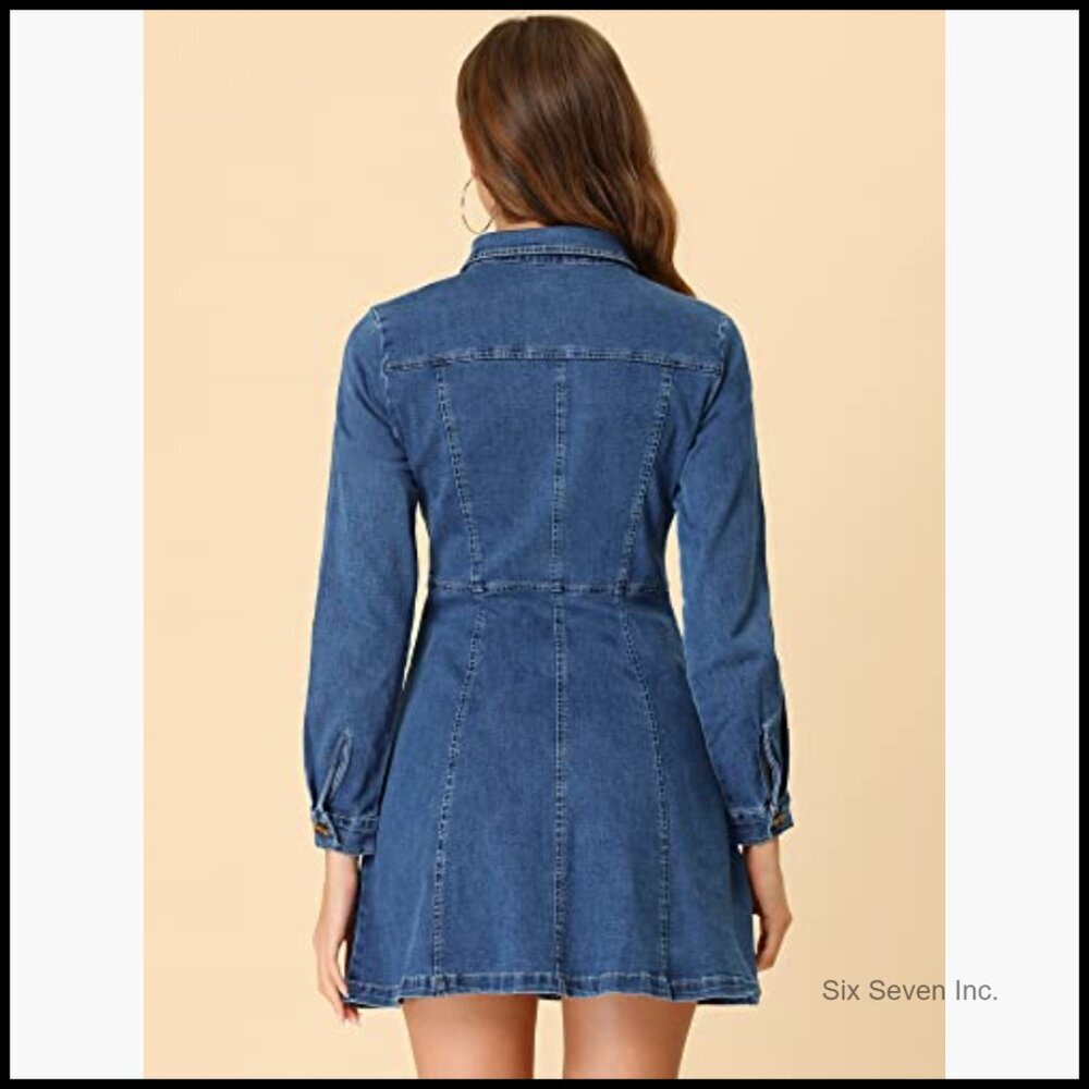 Denim Dress Button Down Collar V Neck Long Sleeve A-line Cotton Blend - Picture 5 of 7